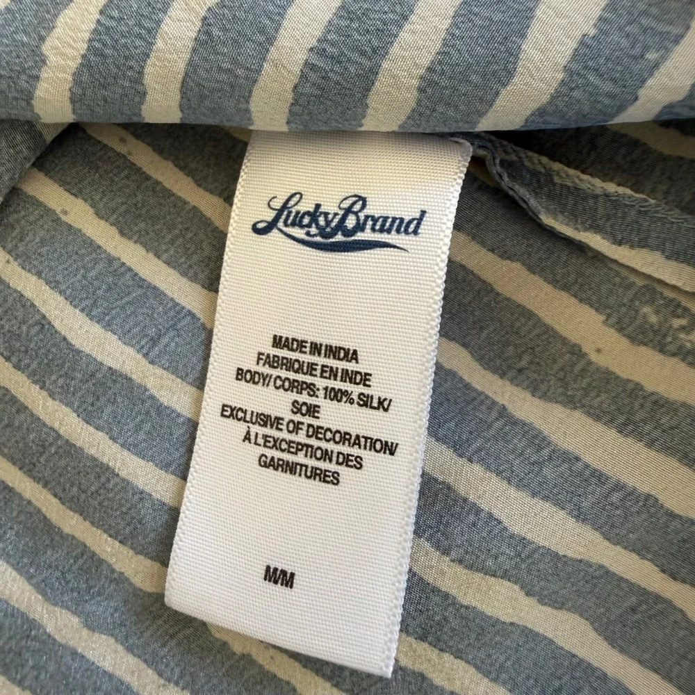 Lucky Brand Silk Camisole Top Blue‎ White Stripe Crochet Lace Coastal Babydoll